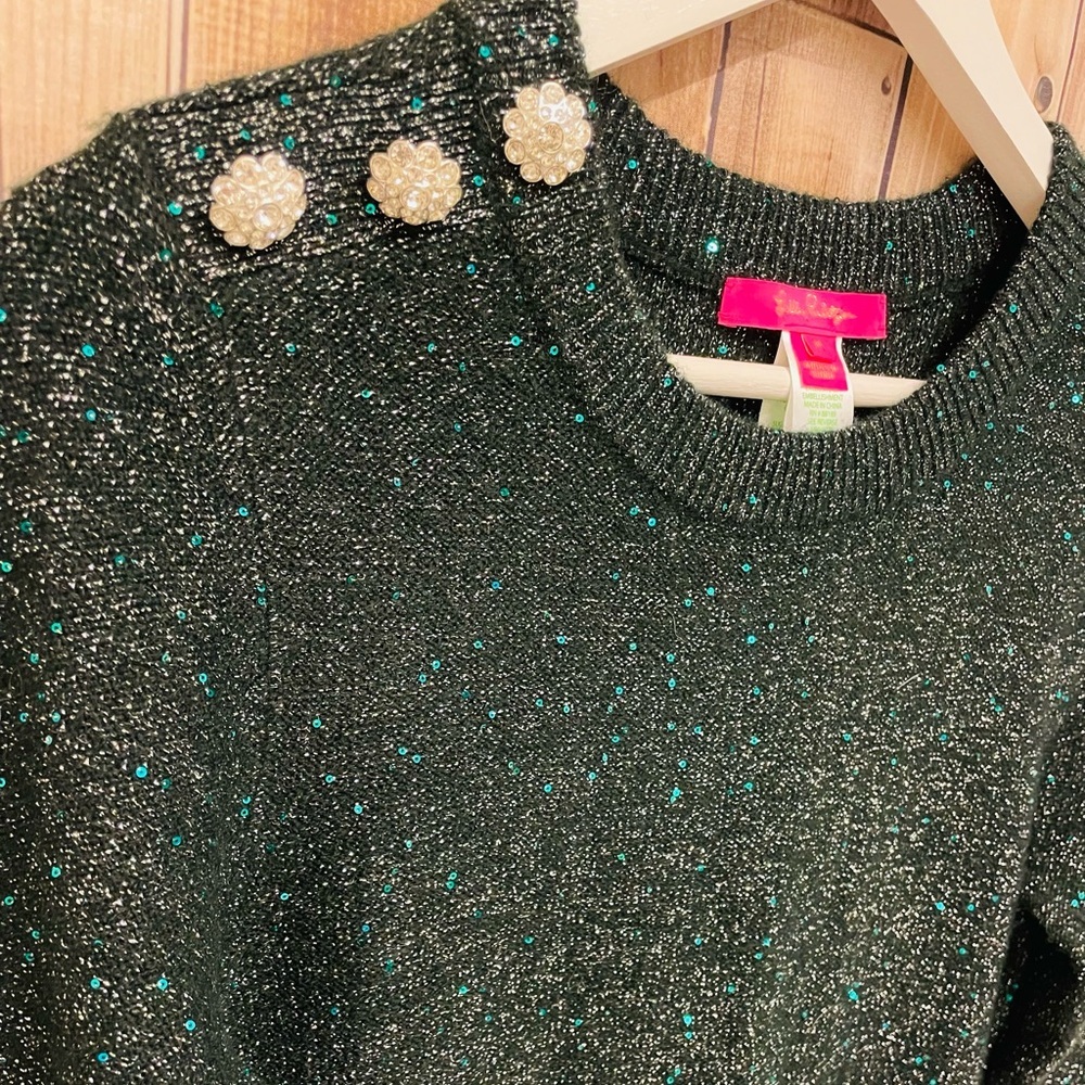 NWOT Women Lilly Pulitzer Morgen Sequin Sweater Dress Evergreen Metallic (Sz M) - Picture 2 of 4